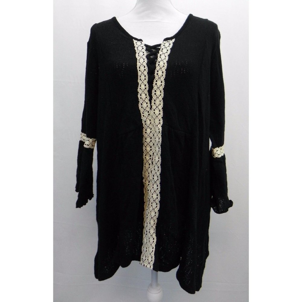 Style & Co Women's S Top Crochet Lace Trim Bell Sleeve Tunic Shirt Blouse Black